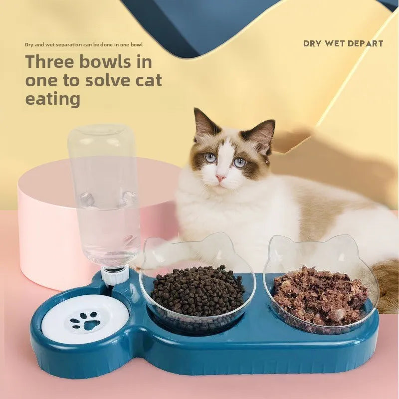 Tilted Cat Bowl Set - 3-in-1 Water Feeder with Gravity Bottle and Ear Design - ZOOMNSTORE