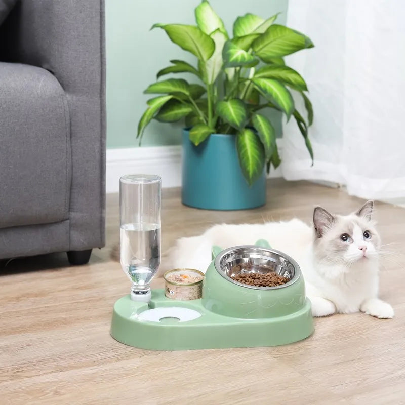 Tilted Cat Bowl Set - 3-in-1 Water Feeder with Gravity Bottle and Ear Design - ZOOMNSTORE