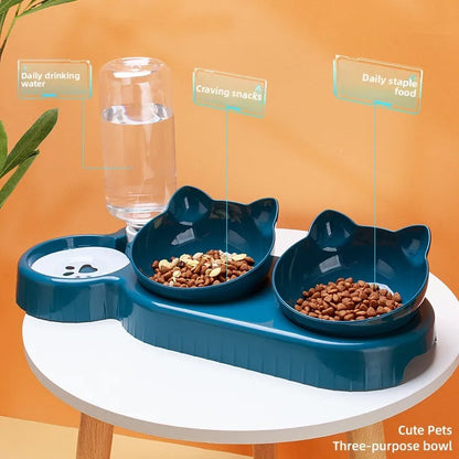 Tilted Cat Bowl Set - 3-in-1 Water Feeder with Gravity Bottle and Ear Design - ZOOMNSTORE