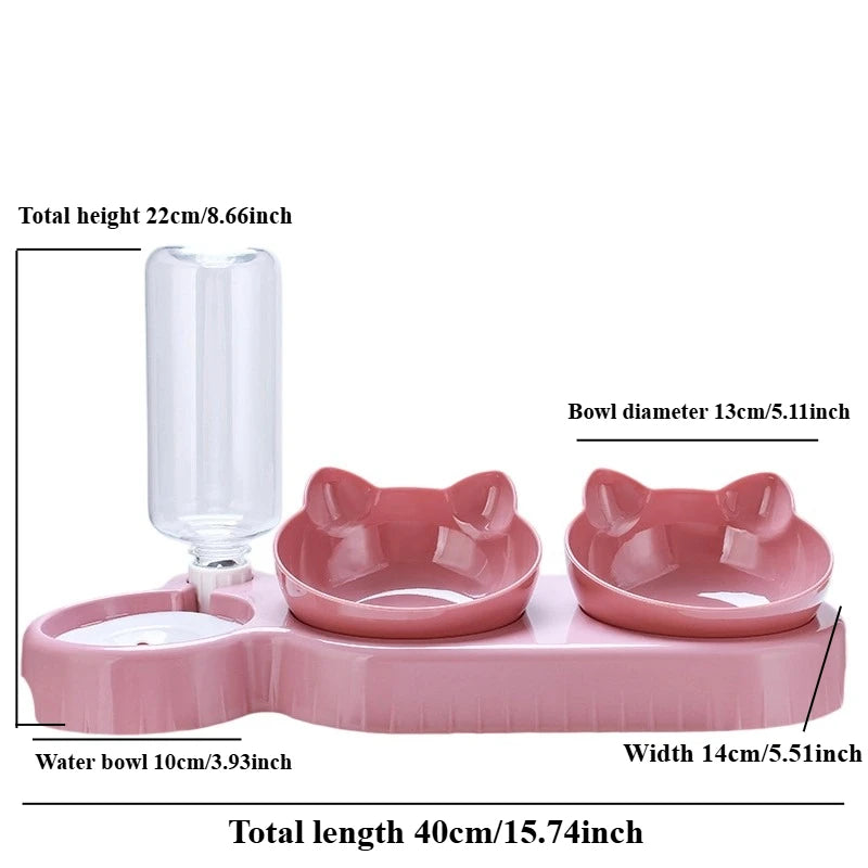 Tilted Cat Bowl Set - 3-in-1 Water Feeder with Gravity Bottle and Ear Design - ZOOMNSTORE