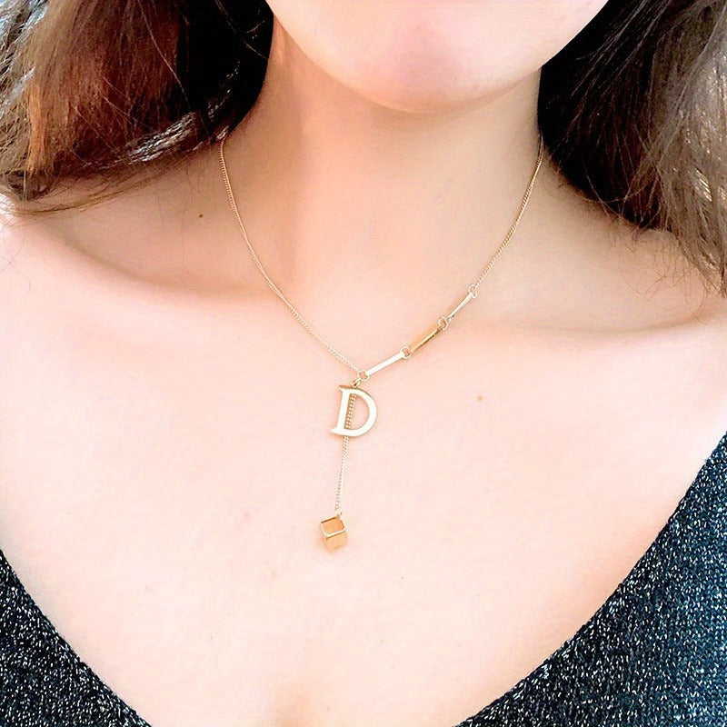 Titanium Steel Alphabet Necklace - Non-Fading Simple Square Pendant Chain - ZOOMNSTORE