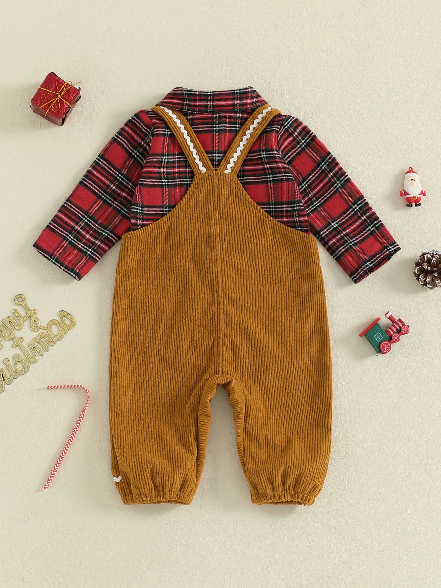 Toddler Boy Holiday Outfit - Red Plaid Shirt Set with Reindeer Embroidery for Christmas Party - ZOOMNSTORE