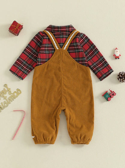 Toddler Boy Holiday Outfit - Red Plaid Shirt Set with Reindeer Embroidery for Christmas Party - ZOOMNSTORE
