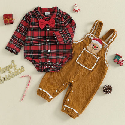 Toddler Boy Holiday Outfit - Red Plaid Shirt Set with Reindeer Embroidery for Christmas Party - ZOOMNSTORE