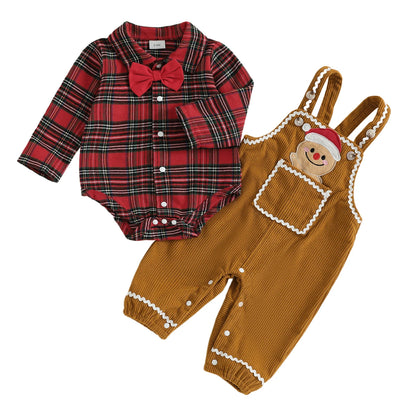 Toddler Boy Holiday Outfit - Red Plaid Shirt Set with Reindeer Embroidery for Christmas Party - ZOOMNSTORE