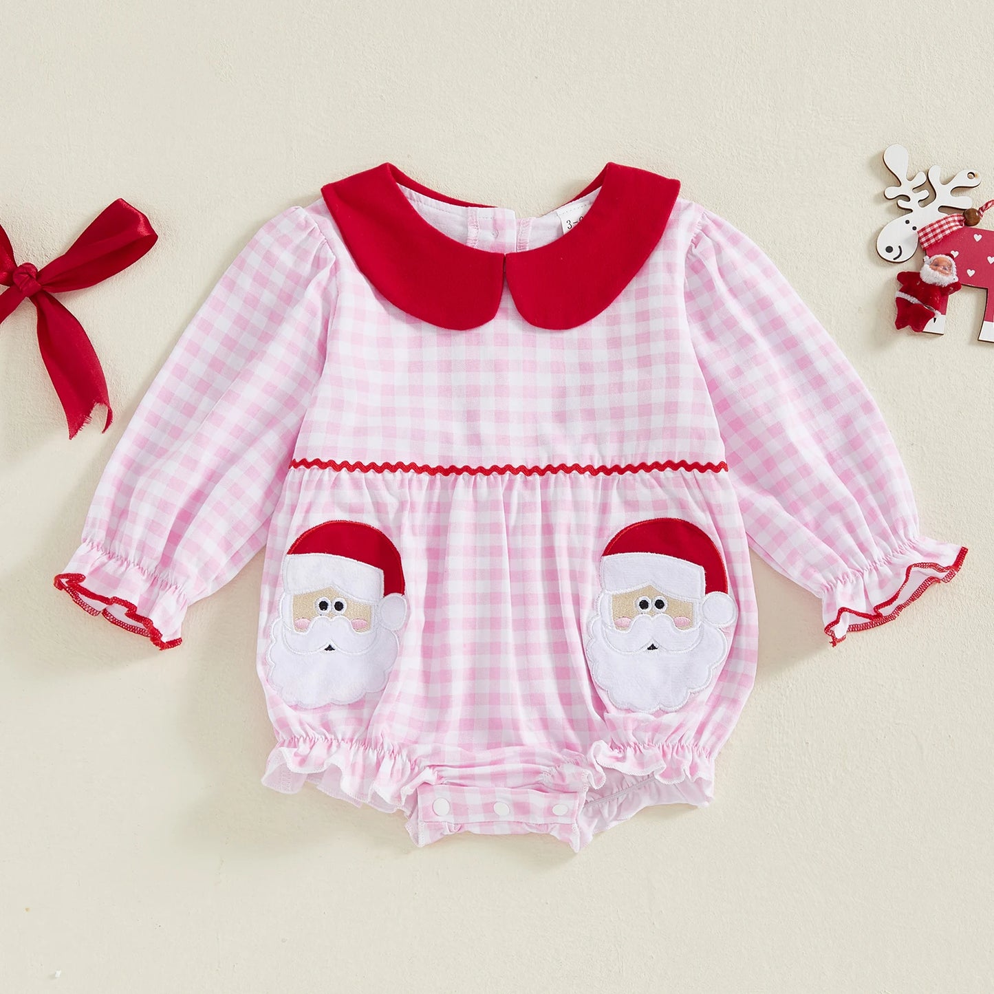 Toddler Girl Romper - Plaid Christmas Jumpsuit with Santa Claus Embroidery & Doll Collar - ZOOMNSTORE