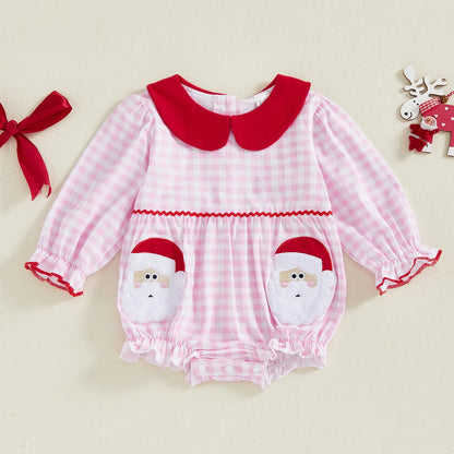 Toddler Girl Romper - Plaid Christmas Jumpsuit with Santa Claus Embroidery & Doll Collar - ZOOMNSTORE