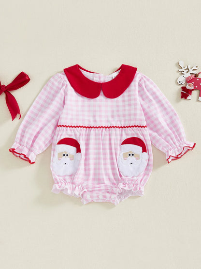 Toddler Girl Romper - Plaid Christmas Jumpsuit with Santa Claus Embroidery & Doll Collar - ZOOMNSTORE