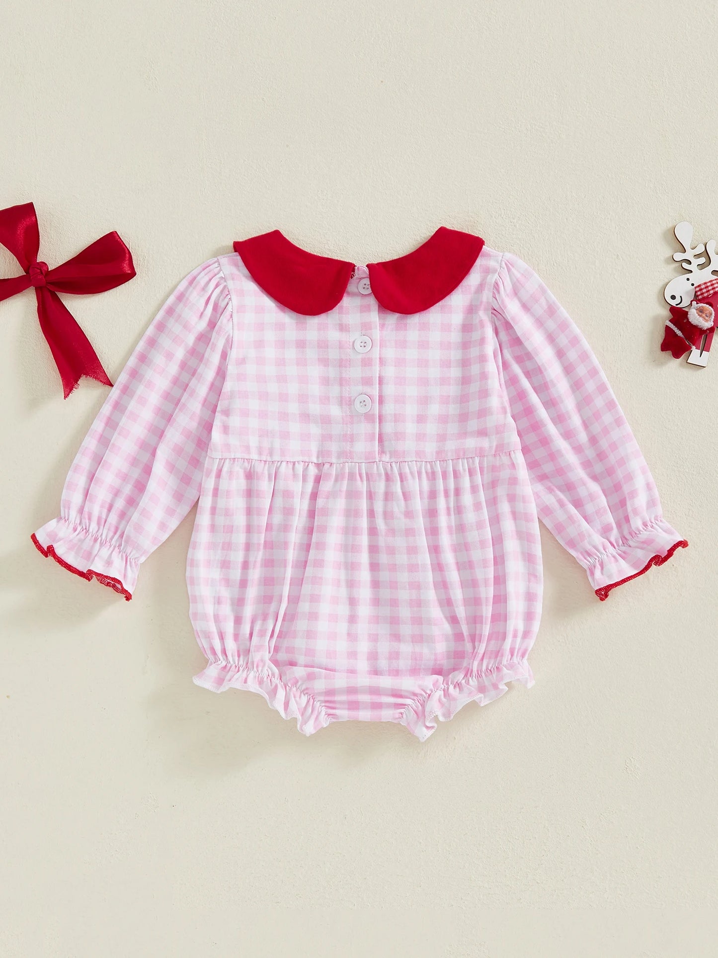Toddler Girl Romper - Plaid Christmas Jumpsuit with Santa Claus Embroidery & Doll Collar - ZOOMNSTORE