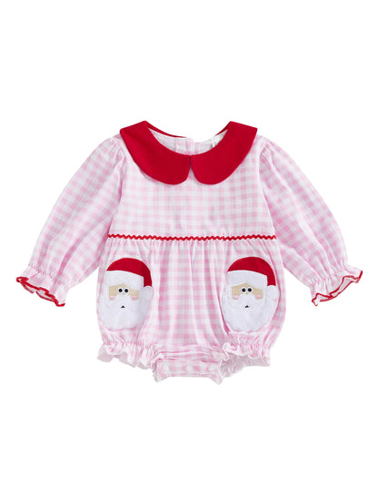 Toddler Girl Romper - Plaid Christmas Jumpsuit with Santa Claus Embroidery & Doll Collar - ZOOMNSTORE