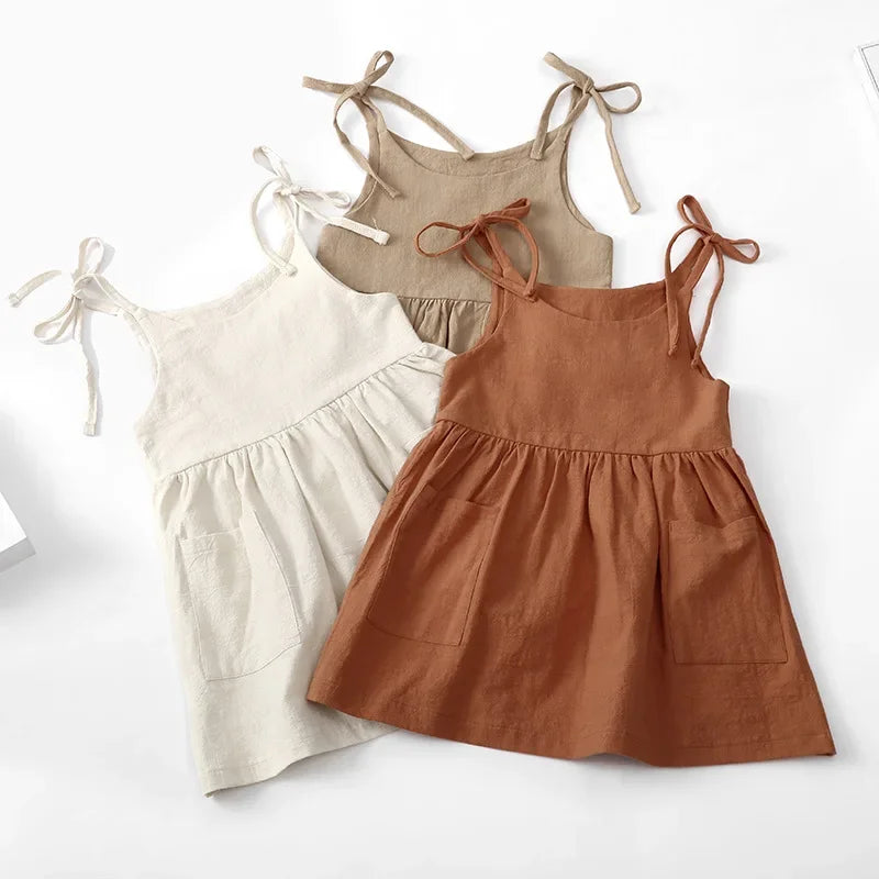 Toddler Girls Sleeveless Summer Dress - Solid Cotton Sundress - ZOOMNSTORE
