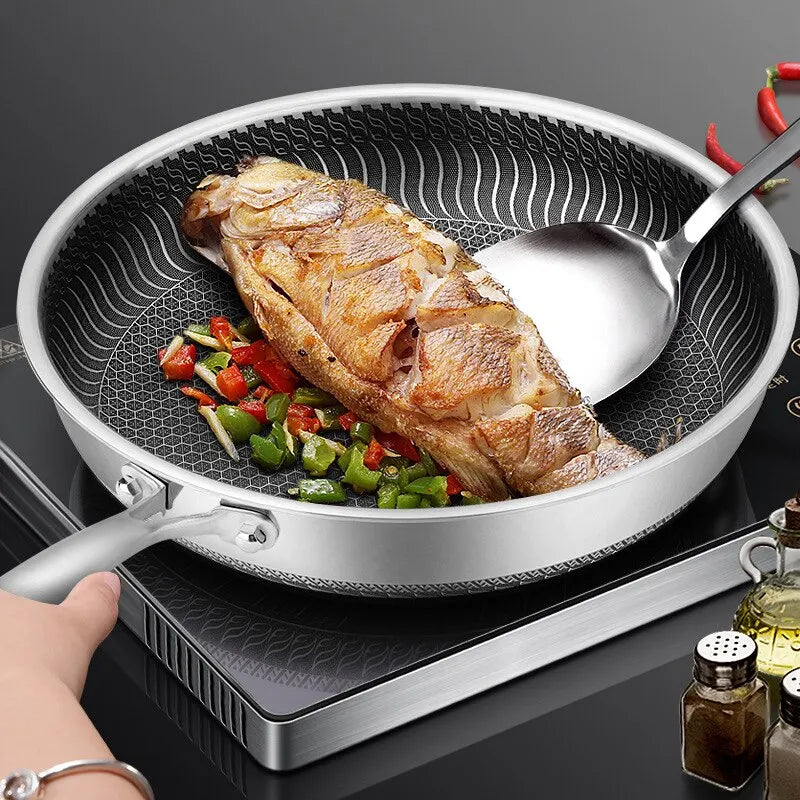 Tri-Ply Stainless Steel Wok Pan - Double-Sided Honeycomb Skillet for All Stoves - ZOOMNSTORE