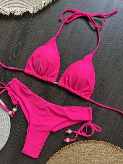 Triangle Bathing Suit - Brazilian Bikinis Halter Swimwear With Metal Chain Beach Bikini Set - ZOOMNSTORE