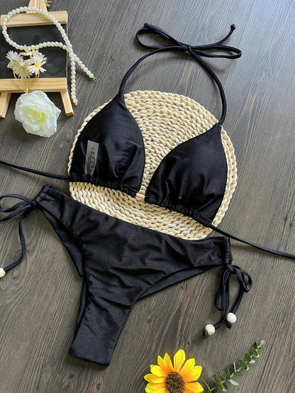 Triangle Bathing Suit - Brazilian Bikinis Halter Swimwear With Metal Chain Beach Bikini Set - ZOOMNSTORE