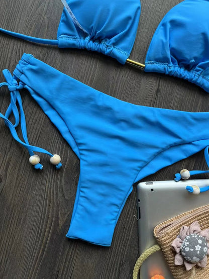 Triangle Bathing Suit - Brazilian Bikinis Halter Swimwear With Metal Chain Beach Bikini Set - ZOOMNSTORE