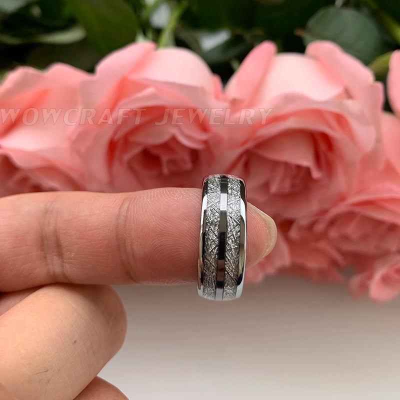 Tungsten Carbide Wedding Band - Domed Meteorite Inlay Comfort Fit Ring - ZOOMNSTORE