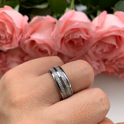 Tungsten Carbide Wedding Band - Domed Meteorite Inlay Comfort Fit Ring - ZOOMNSTORE