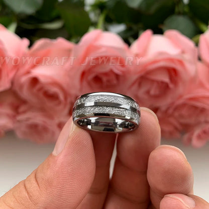 Tungsten Carbide Wedding Band - Domed Meteorite Inlay Comfort Fit Ring - ZOOMNSTORE