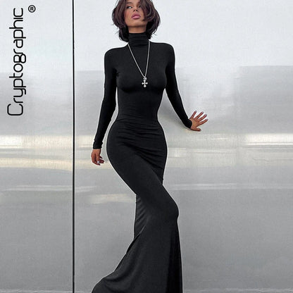 Elegant Long Sleeve Maxi Dress - Casual Bodycon Turtleneck Outfit for Women - ZOOMNSTORE