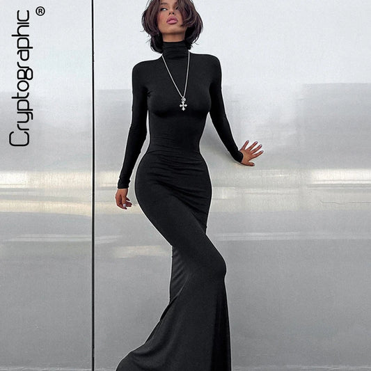 Elegant Long Sleeve Maxi Dress - Casual Bodycon Turtleneck Outfit for Women - ZOOMNSTORE