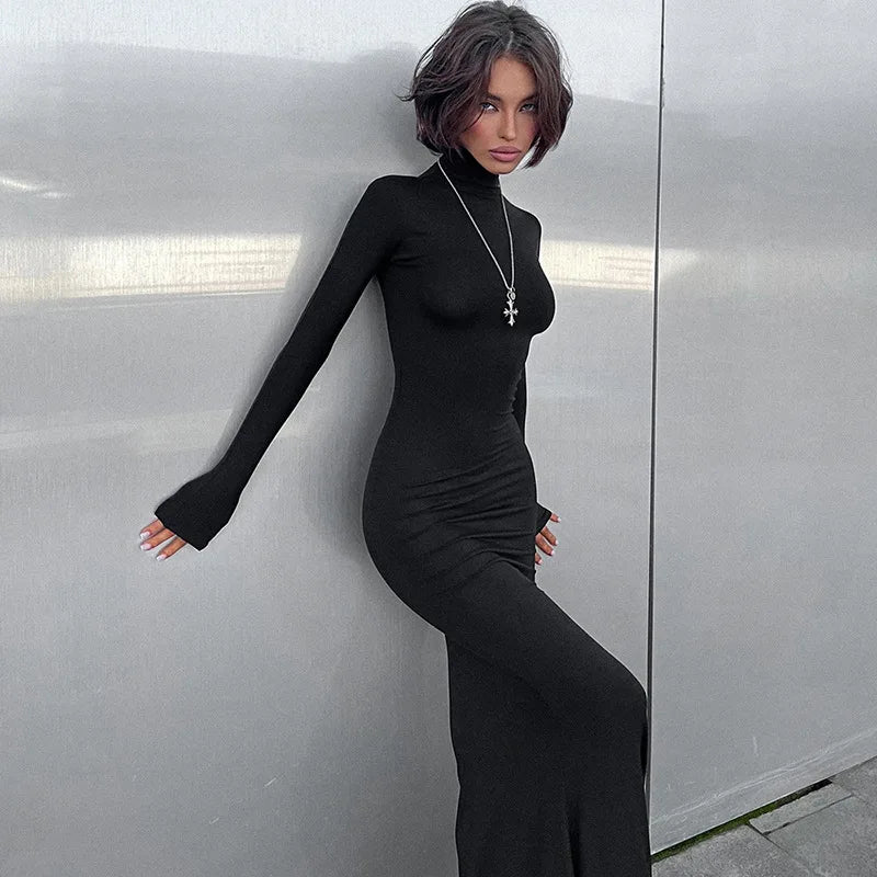 Elegant Long Sleeve Maxi Dress - Casual Bodycon Turtleneck Outfit for Women - ZOOMNSTORE