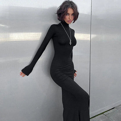 Elegant Long Sleeve Maxi Dress - Casual Bodycon Turtleneck Outfit for Women - ZOOMNSTORE
