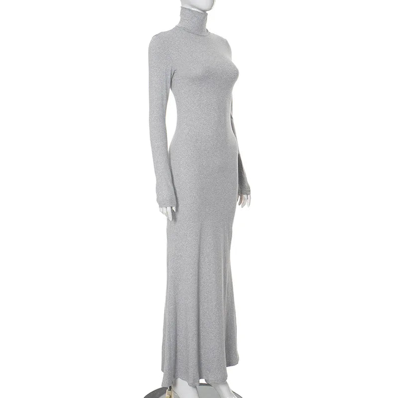 Elegant Long Sleeve Maxi Dress - Casual Bodycon Turtleneck Outfit for Women - ZOOMNSTORE
