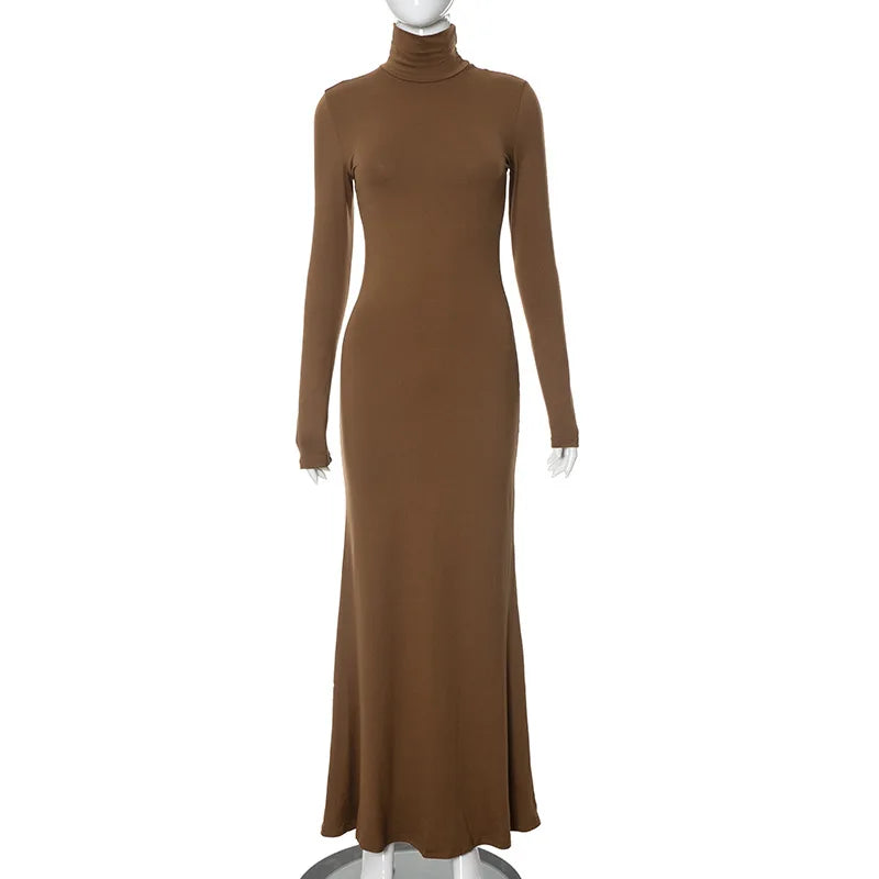 Elegant Long Sleeve Maxi Dress - Casual Bodycon Turtleneck Outfit for Women - ZOOMNSTORE