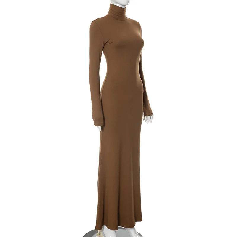 Elegant Long Sleeve Maxi Dress - Casual Bodycon Turtleneck Outfit for Women - ZOOMNSTORE