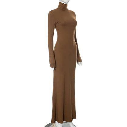 Elegant Long Sleeve Maxi Dress - Casual Bodycon Turtleneck Outfit for Women - ZOOMNSTORE