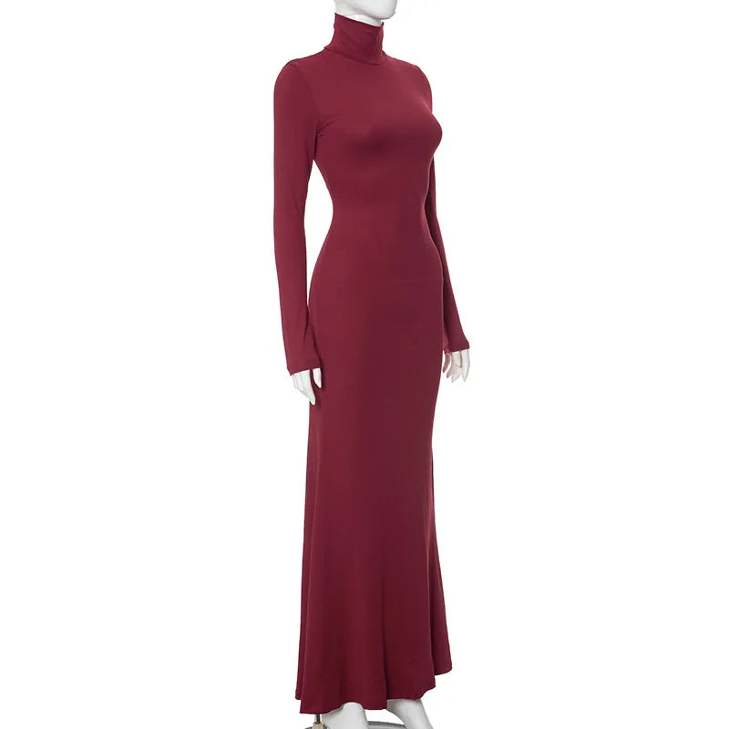 Elegant Long Sleeve Maxi Dress - Casual Bodycon Turtleneck Outfit for Women - ZOOMNSTORE