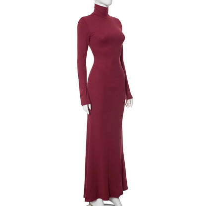Elegant Long Sleeve Maxi Dress - Casual Bodycon Turtleneck Outfit for Women - ZOOMNSTORE