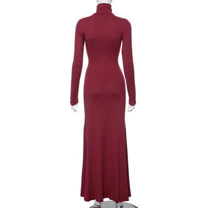 Elegant Long Sleeve Maxi Dress - Casual Bodycon Turtleneck Outfit for Women - ZOOMNSTORE