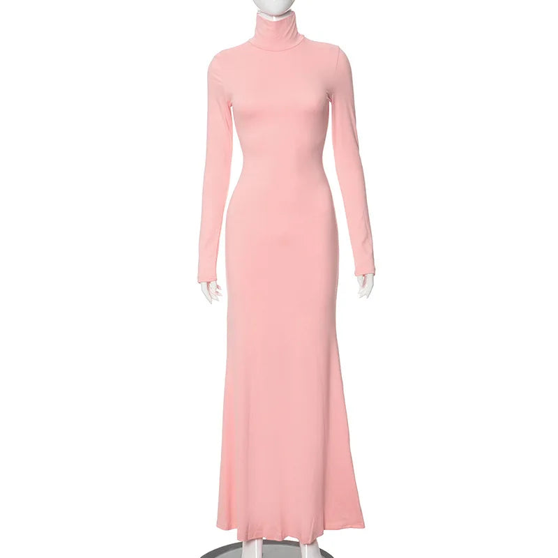 Elegant Long Sleeve Maxi Dress - Casual Bodycon Turtleneck Outfit for Women - ZOOMNSTORE