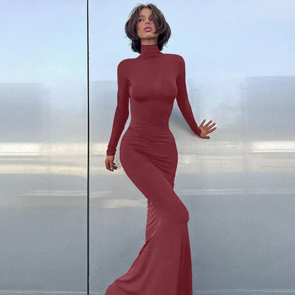 Elegant Long Sleeve Maxi Dress - Casual Bodycon Turtleneck Outfit for Women - ZOOMNSTORE