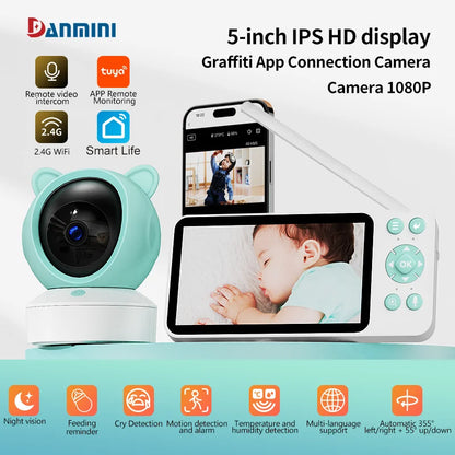 DANMINI 5 "tuya baby monitor 2K high definition WiFi remote mobile APP control up, down, left and right rotation gimbal camera - ZOOMNSTORE