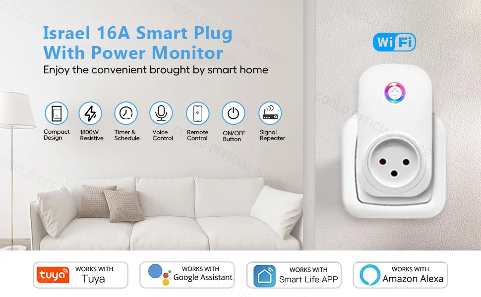 Tuya WiFi Smart Plug - 16A Israel Power Socket With Energy Monitor & Timer - ZOOMNSTORE
