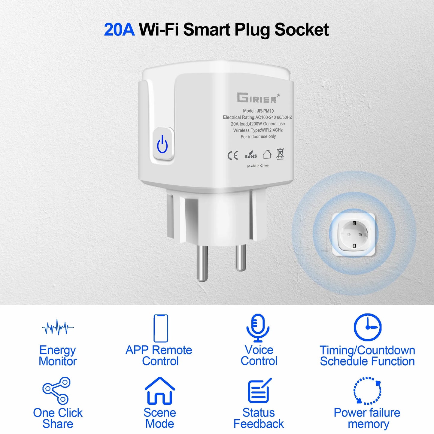 Tuya Wifi Smart Plug - 20A EU Smart Socket Outlet with Power Monitor & Timer - ZOOMNSTORE