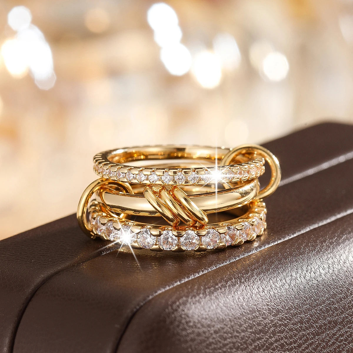 Two-Color Copper Ring – 18K Gold Plated Four-Ring Cocktail Set With Zircon Inlay - ZOOMNSTORE