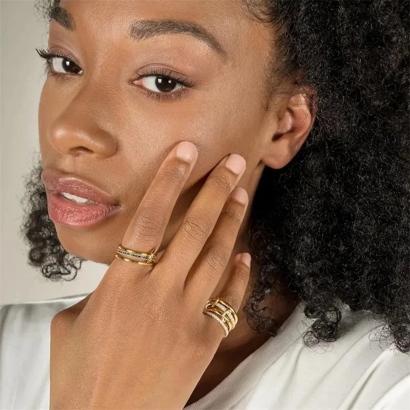 Two-Color Copper Ring – Four-Ring Stacking Set With Geometric Design For Young Women - ZOOMNSTORE