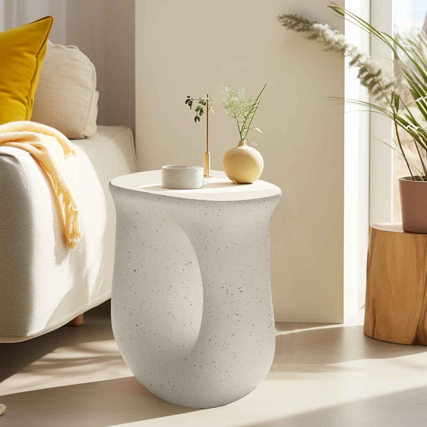 U-Shaped Side Table - Lightweight Concrete Geometric Accent Table for Living Room - ZOOMNSTORE