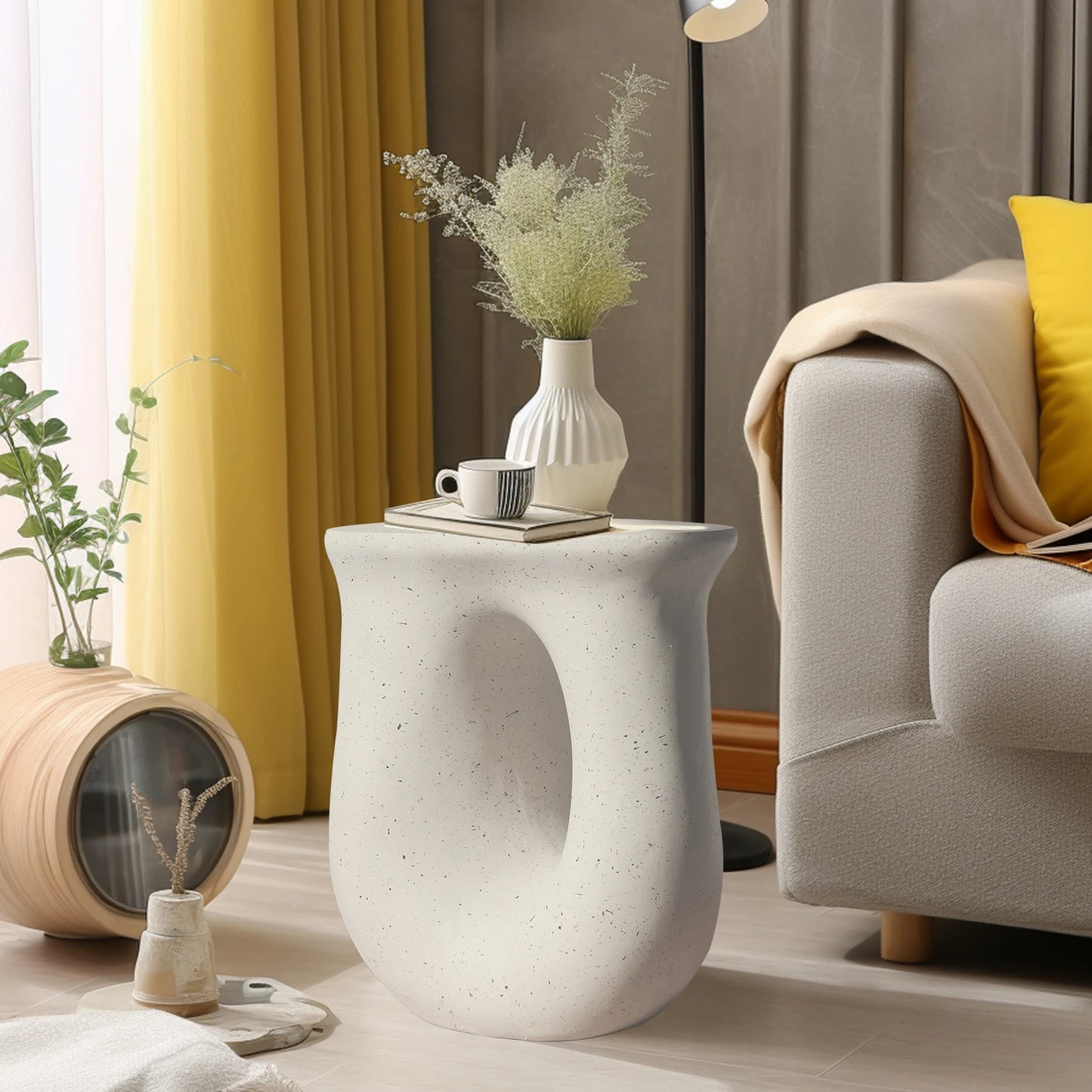 U-Shaped Side Table - Lightweight Concrete Geometric Accent Table for Living Room - ZOOMNSTORE