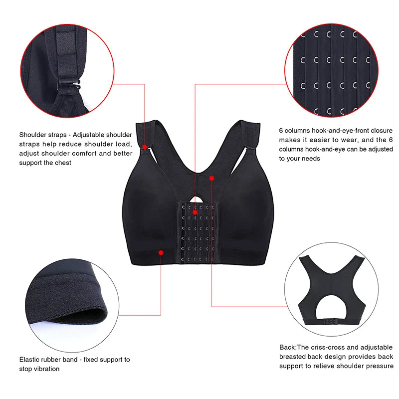 Post Surgery Bra Seamless Sports Front Closure Wirefree Support Adjustable Strap