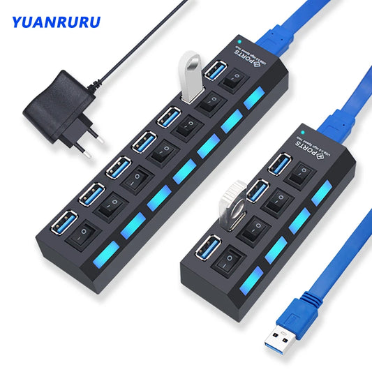 USB 3.0 Hub - 7 Port USB Hub with Switch | High Speed Multi Port USB Splitter Adapter - ZOOMNSTORE