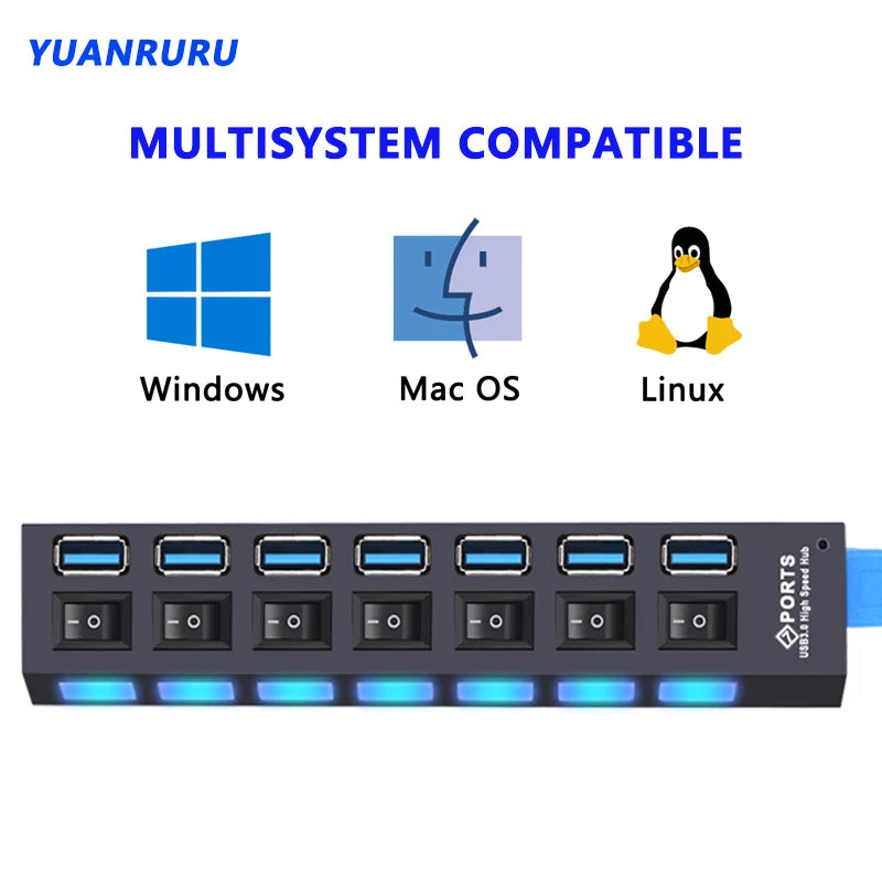 USB 3.0 Hub - 7 Port USB Hub with Switch | High Speed Multi Port USB Splitter Adapter - ZOOMNSTORE