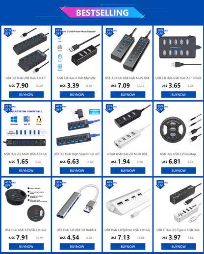 USB 3.0 Hub - 7 Port USB Hub with Switch | High Speed Multi Port USB Splitter Adapter - ZOOMNSTORE