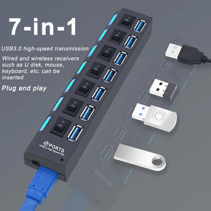USB 3.0 Hub - 7 Port USB Hub with Switch | High Speed Multi Port USB Splitter Adapter - ZOOMNSTORE