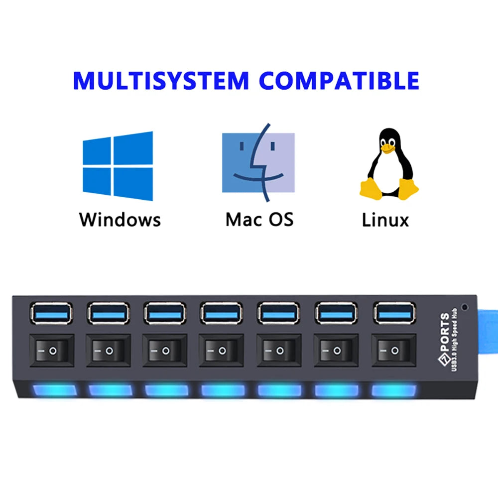 USB 3.0 Hub - 7 Port USB Hub with Switch | High Speed Multi Port USB Splitter Adapter - ZOOMNSTORE