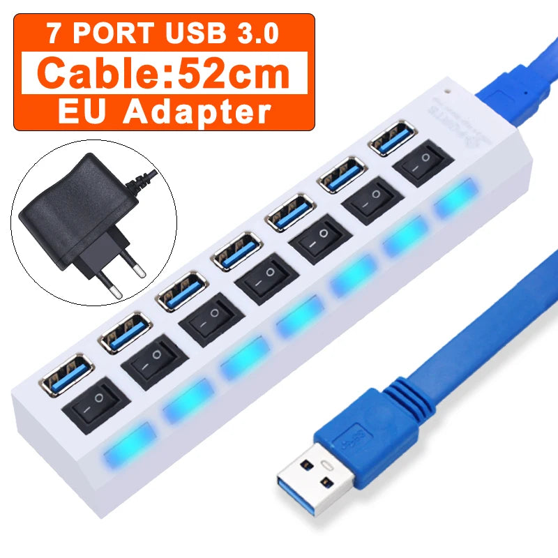 USB 3.0 Hub - 7 Port USB Hub with Switch | High Speed Multi Port USB Splitter Adapter - ZOOMNSTORE