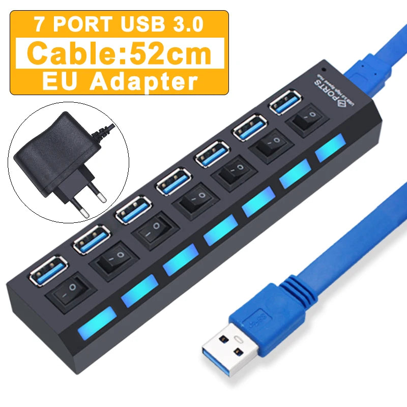 USB 3.0 Hub - 7 Port USB Hub with Switch | High Speed Multi Port USB Splitter Adapter - ZOOMNSTORE